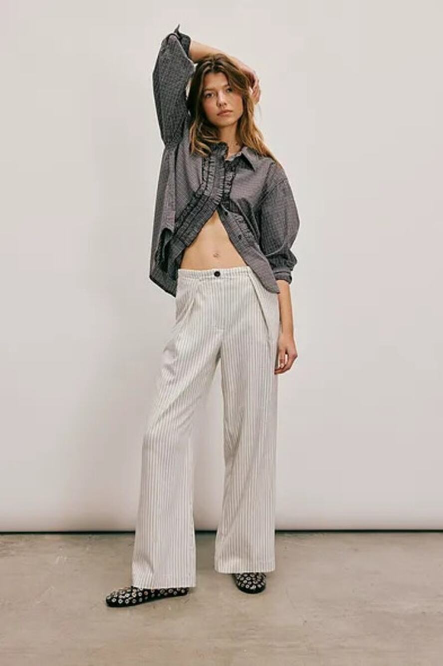 NWOT Women's Size S Free People Tyler Pin Stripe Pleated Wide Leg Trousers White